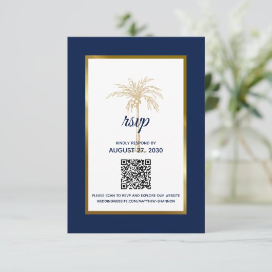 Moderne marinevorming blauwe goudpalm RSVP kaartje (Staand voorkant)
