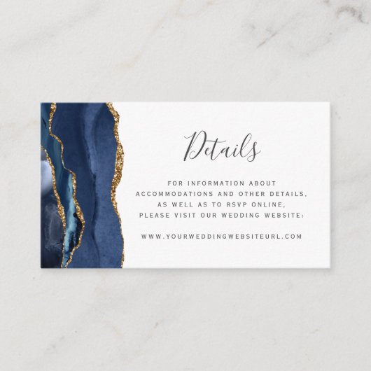 Moderne marinewebsite Blue Gold Agate Wedding Informatiekaartje (Voorkant)
