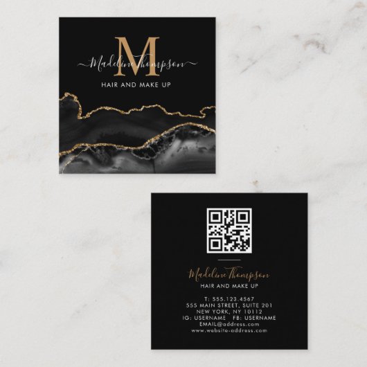 Moderne marmer Black Gold QR Code Monogram Vierkante Visitekaartje (Voorkant / Achterkant)