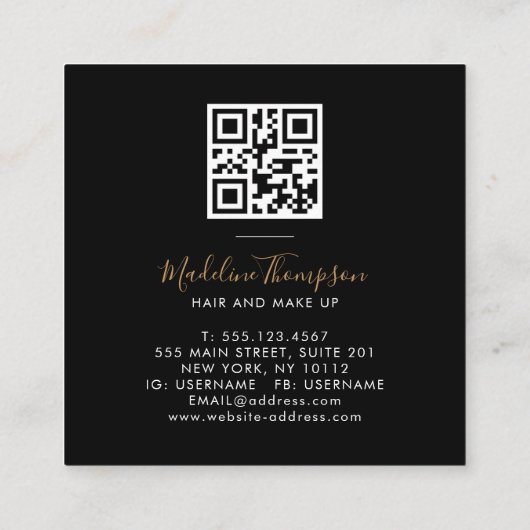 Moderne marmer Black Gold QR Code Monogram Vierkante Visitekaartje (Achterkant)
