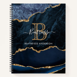 Moderne marmer Blue Gold Glitter Monogram Notitieboek