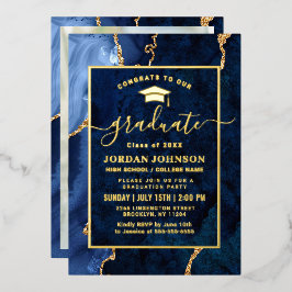 Moderne marmer Blue Marble Graduation Party Gold Folie Uitnodiging