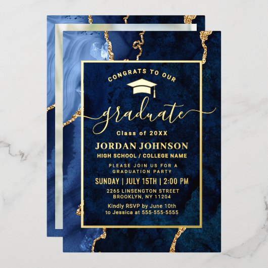 Moderne marmer Blue Marble Graduation Party Gold Folie Uitnodiging (Voorkant / Achterkant)