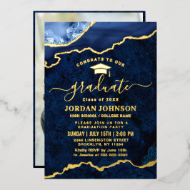 Moderne marmer Blue Marble Graduation Party Gold Folie Uitnodiging
