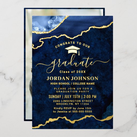 Moderne marmer Blue Marble Graduation Party Gold Folie Uitnodiging (Voorkant / Achterkant)