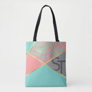 Moderne marmer Coral Pastel Gold Monogram Tote Bag