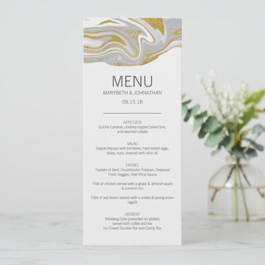 Moderne marmer- en Gold Wedding-menukaart Menu (Staand voorkant)