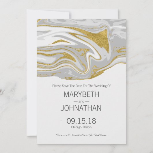 Moderne marmer en gouden bruiloft bespaart de datu save the date (Voorkant)