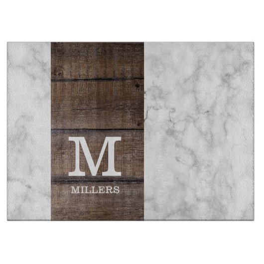 Moderne marmer en hout familienaam monogrammed snijplank (Voorkant)