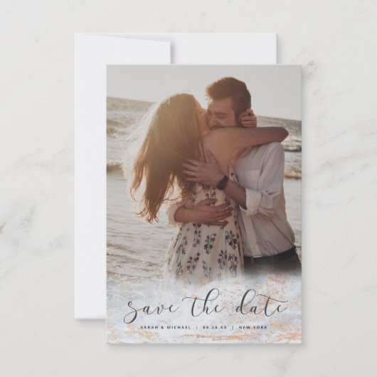 Moderne marmer Fade Dusty Blue Copper Custom Photo Save The Date (Voorkant)