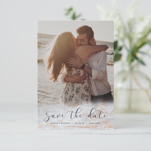 Moderne marmer Fade Dusty Blue Copper Custom Photo Save The Date (Staand voorkant)