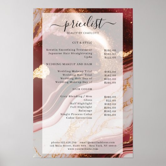 Moderne Marmer Glitter Salon Prijslijst Poster (Voorkant)