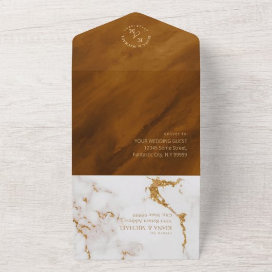 Moderne marmer Glitter Wedding Gold ID816 All In One Uitnodiging (Buitenkant)
