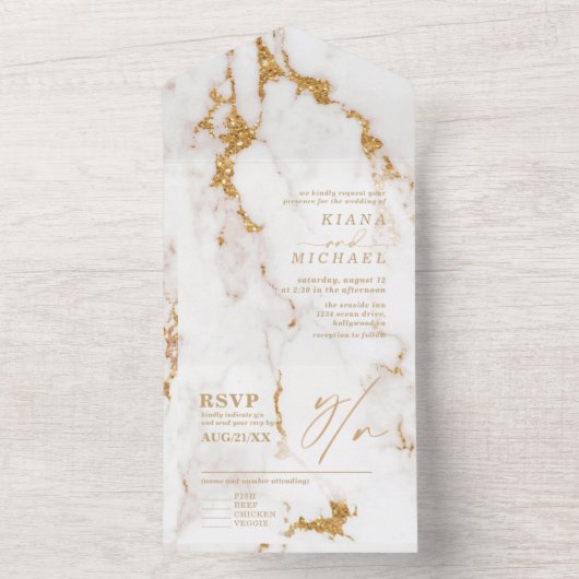 Moderne marmer Glitter Wedding Gold ID816 All In One Uitnodiging (Binnen)
