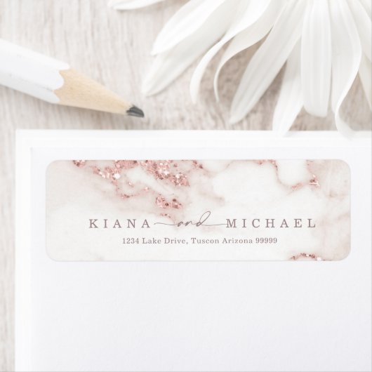 Moderne marmer Glitter Wedding Roos Gold ID816 Etiket (Insitu)