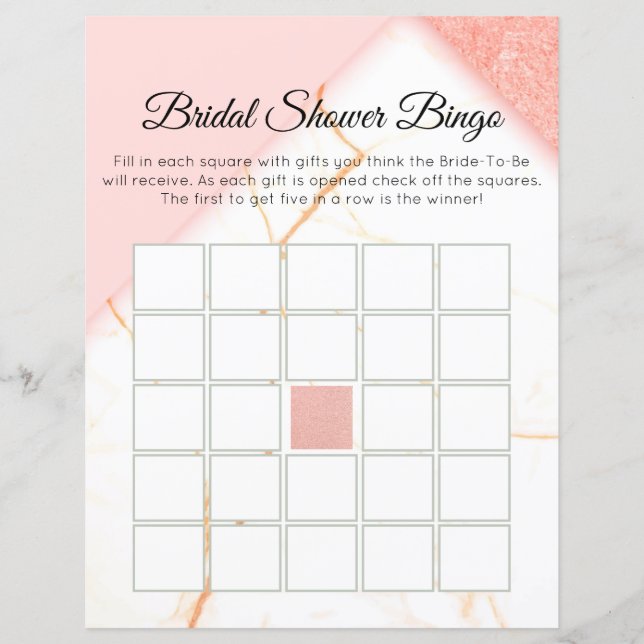 Moderne marmer Pink en Gold Bridal Bingo (Voorkant)