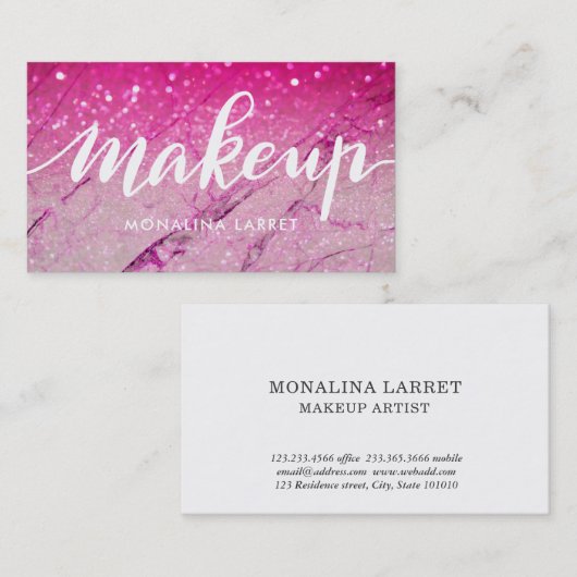 Moderne marmer Pink Glitter Pattern Makeup Script Visitekaartje (Voorkant / Achterkant)