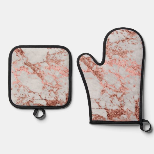 Moderne marmer Roos Gold Glitter Ovenwant & Pannenlap Set (Voorkant)