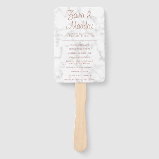 Moderne marmer Roos Gold Script Wedding Program Handwaaier (Voorkant)