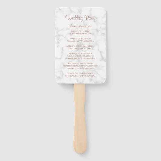 Moderne marmer Roos Gold Script Wedding Program Handwaaier (Achterkant)