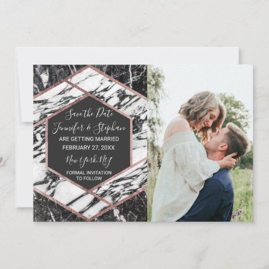 Moderne marmer Roos Gold Trim Hexagon Save the Dat Kaart (Voorkant)