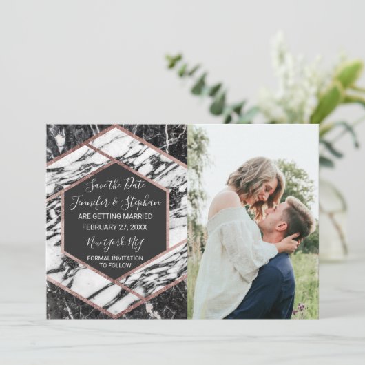 Moderne marmer Roos Gold Trim Hexagon Save the Dat Kaart (Staand voorkant)