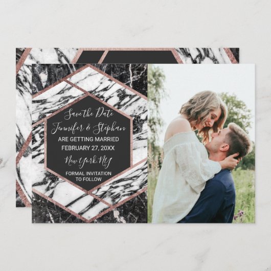 Moderne marmer Roos Gold Trim Hexagon Save the Dat Kaart (Voorkant / Achterkant)