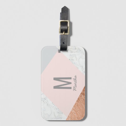 Moderne marmer, roos goud, grijs en wazig roze bagagelabel (Voorkant (verticaal))