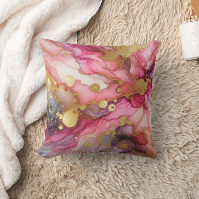 Moderne Marmer Roze + Goud Luxe Alcohol Ink Kussen (Deken)