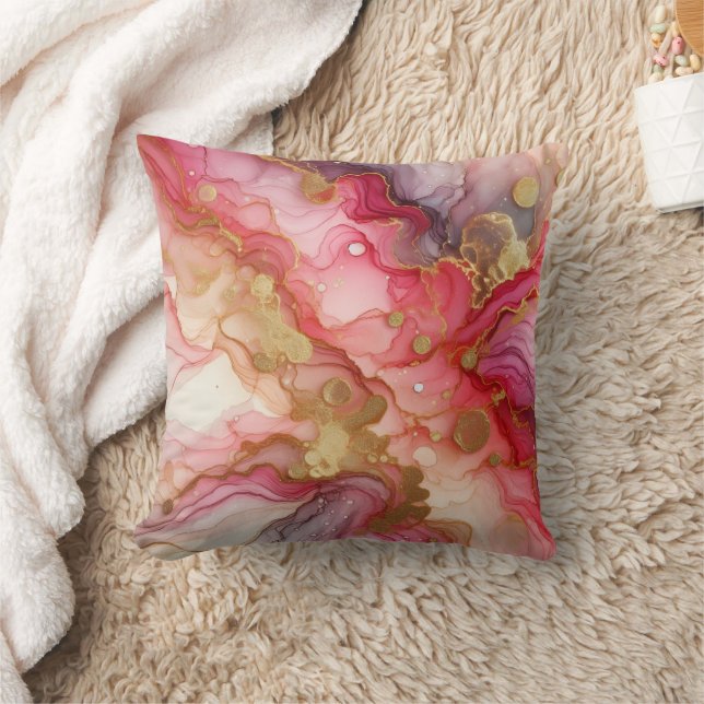 Moderne Marmer Roze + Goud Luxe Alcohol Ink Kussen (Deken)