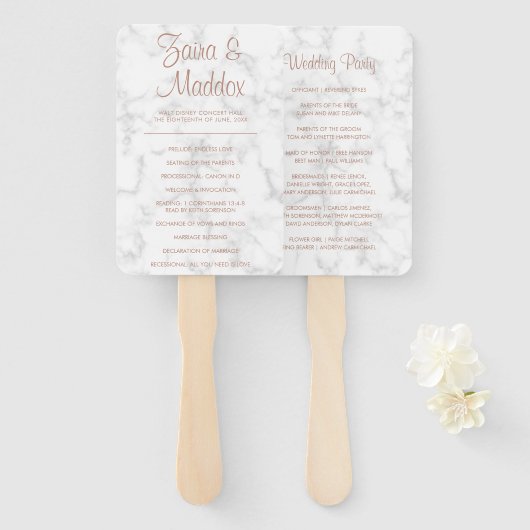 Moderne Marmer Roze Goud Schrift Trouwprogramma Handwaaier (Voorkant en achterkant)
