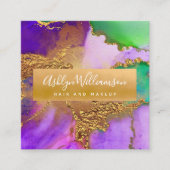 Moderne marmer waterverf goud paars groen en aqua vierkante visitekaartje (Voorkant)