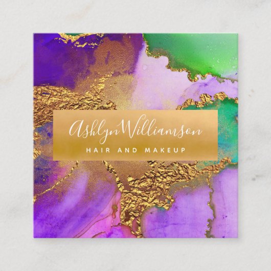 Moderne marmer waterverf goud paars groen en aqua vierkante visitekaartje (Voorkant)
