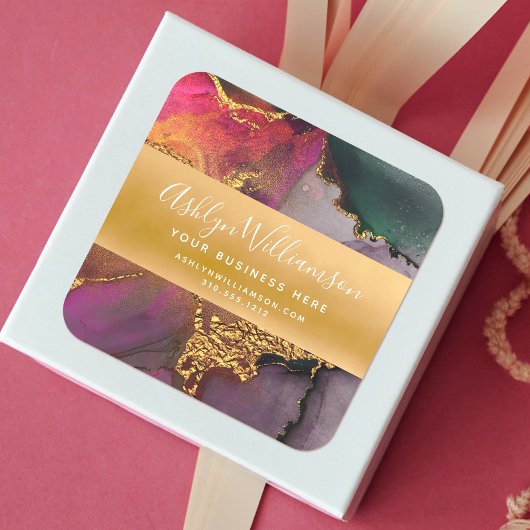 Moderne marmer waterverf goudroze paars groen vierkante sticker