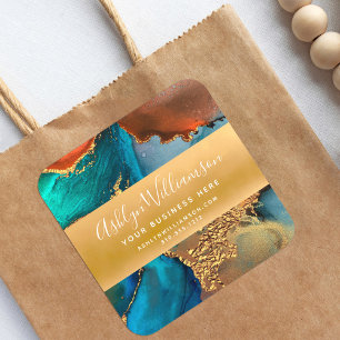Moderne marmer waterverf turquoise Gold sinaasappe Vierkante Sticker