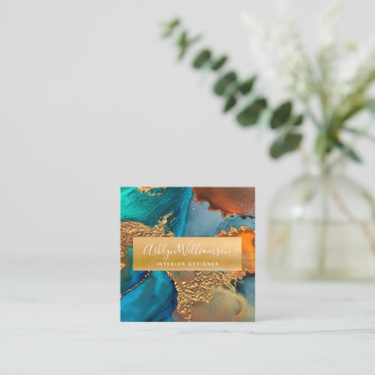 Moderne marmer waterverf turquoise oranje goud vierkante visitekaartje (Staand voorkant)