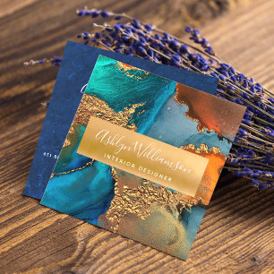 Moderne marmer waterverf turquoise oranje goud vierkante visitekaartje