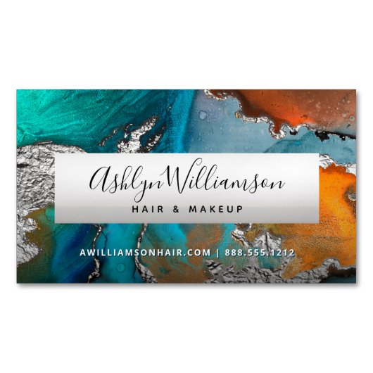 Moderne marmer waterverf zilverturquoise stylist magnetisch visitekaartje (Voorkant)