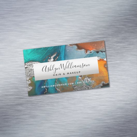 Moderne marmer waterverf zilverturquoise stylist magnetisch visitekaartje (Voorbeeld)