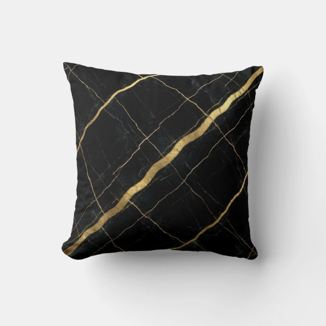 Moderne Marmer Zwart + Goud Luxe Kussen (Voorkant)