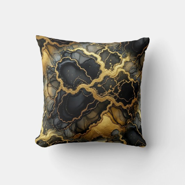 Moderne Marmer Zwart + Goud Luxe  Kussen (Voorkant)
