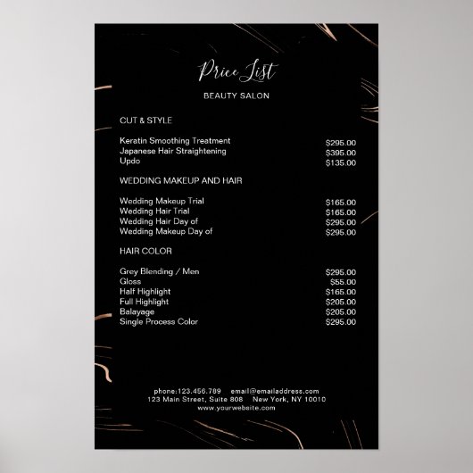 Moderne Marmer Zwarte Roségoud Prijzenlijst Poster (Voorkant)