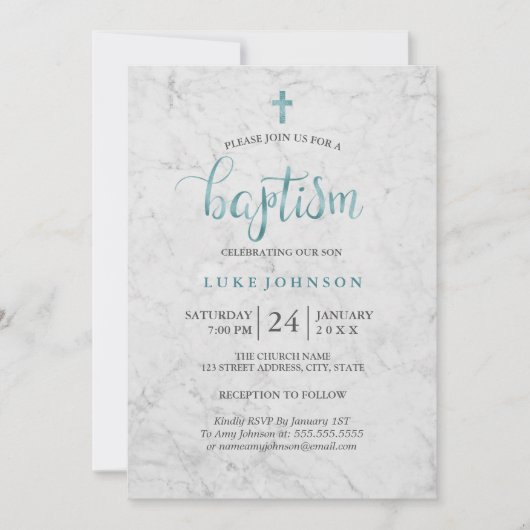 Moderne marmeren blauwe doop uitnodiging (Voorkant)