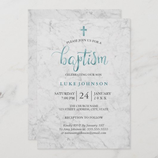 Moderne marmeren blauwe doop uitnodiging (Voorkant / Achterkant)