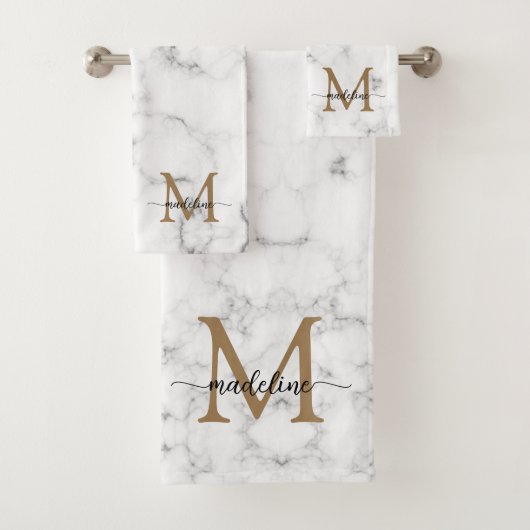 Moderne marmeren gouden meisjesachtig script monog bad handdoek (Insitu)