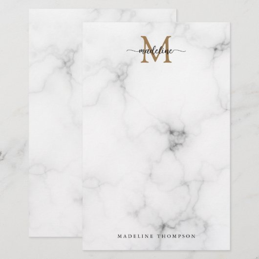Moderne marmeren gouden vrouwelijk script monogram briefpapier (Voorkant / Achterkant)