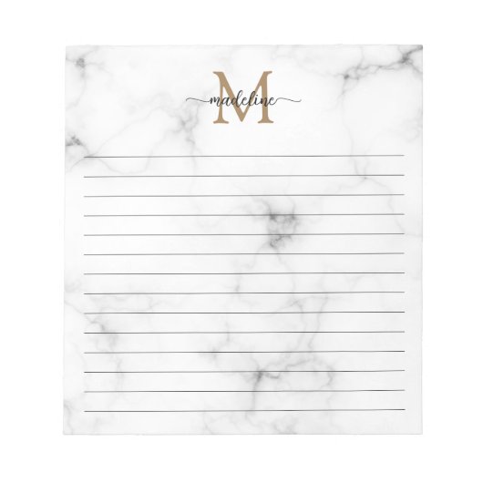 Moderne marmeren gouden vrouwelijke script monogra notitieblok (Voorkant)
