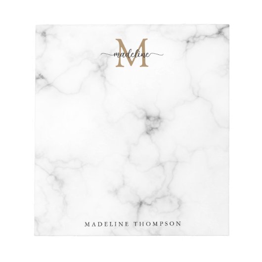 Moderne marmeren gouden vrouwelijke script monogra notitieblok (Voorkant)