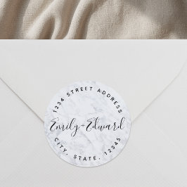 Moderne marmeren koppel namen trouwadres ronde sticker