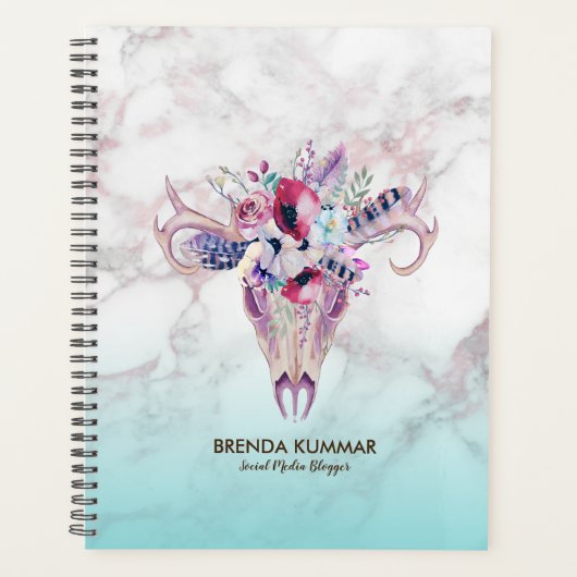 Moderne Marmeren Ombre & Bloemen Boho schedel Planner (Voorkant)